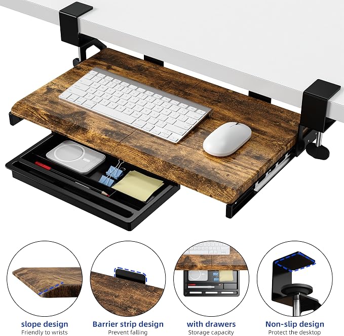 ETHU Keyboard Tray Under Desk, 19.7" X 12.2" Small Size C Clamp Keyboard Drawer Under Desk, Computer Keyboard Stand Slide Pull Out, Ergonomic Keyboard Tray for Home, Office (Wood)