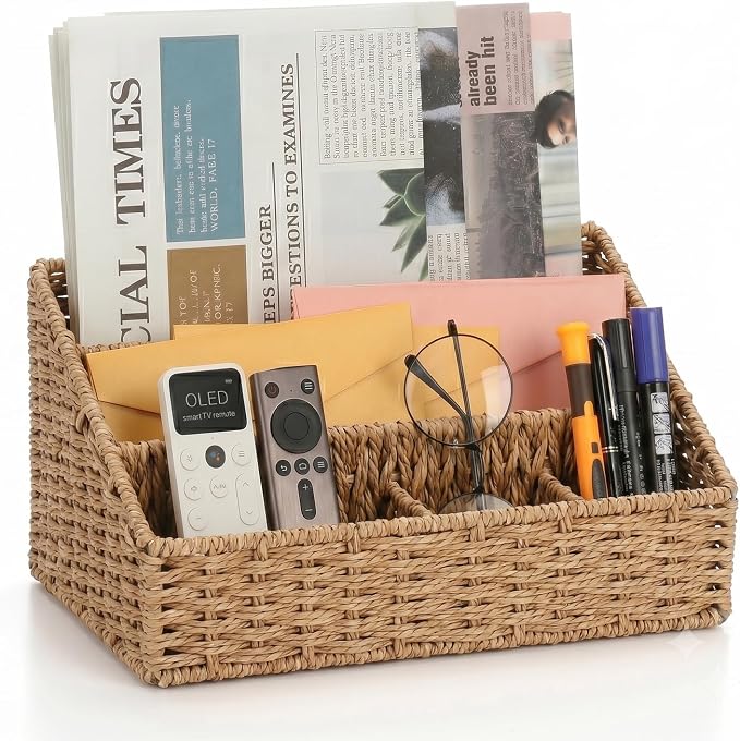 Mail Organizer for Desk - Countertop Mail Sorter & Magazine Holder, Brown Desk Organizer with 5 Compartments for Letters, Bills, Office Supplies, 12.7'' L x 6.3'' W x 7.1" H