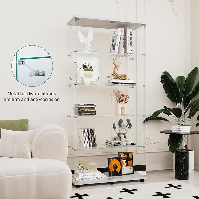 FLYMUHJIA Curio Cabinets with Tempered Glass Doors - 5-Shelf Double Door China Cabinet for Display and Collectibles - White
