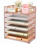 6 Trays Paper Organizer with Handle - Mesh Desk File/Letter Paper Sorter Organizer for Office, Home or School (Rose Gold)