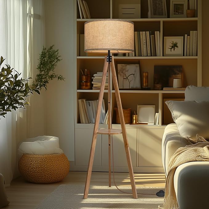 EOEYYOYB Floor Lamps for Living Room, Modern Standing Lamp with Shelf, 3 Color Temperature Led Bulb Tall Lamps with Foot Switch for Bedroom and Office, Burlywood