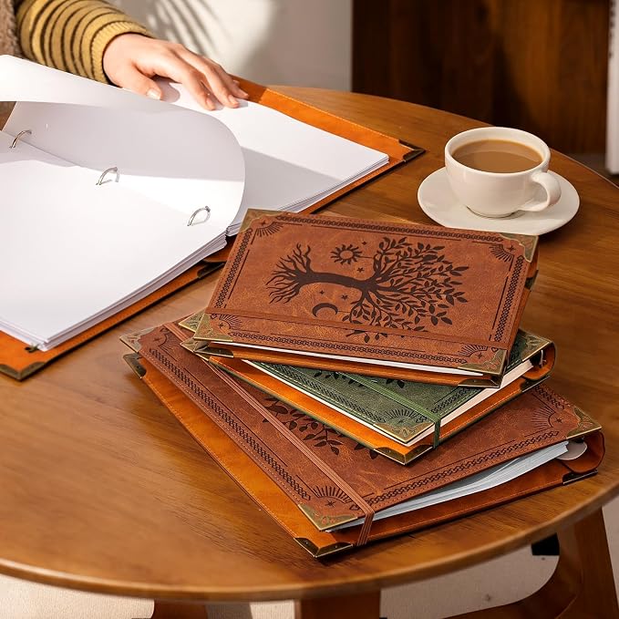 OVESMUSL 4 Pack PU Leather 3 Ring Binder, 1 Inch Brown Tree | Fits 8.5x11 letter paper, holds 200 sheets, loose leaf organizer