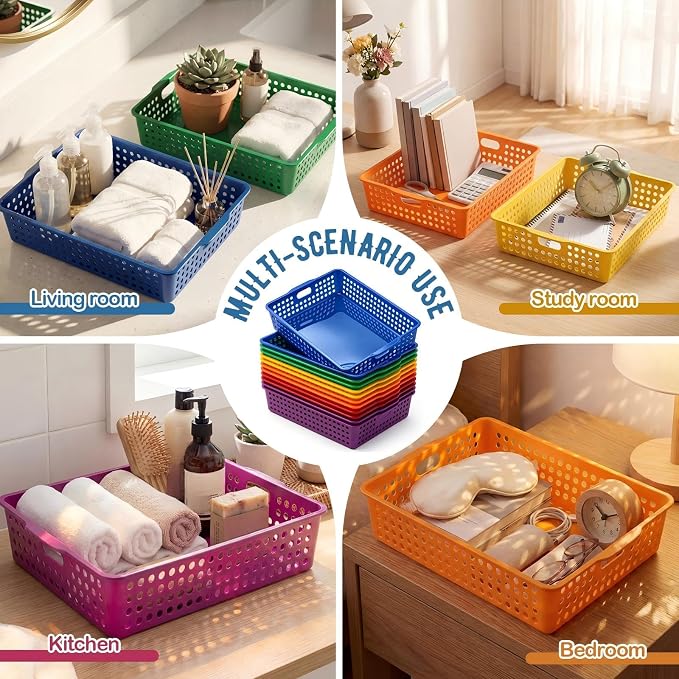 Geetery 12 Pack Classroom Storage Baskets with Handle,Rainbow Color | 14''x10'' Paper Tray Holds A4 Turn in Trays Plastic Paper Baskets Desk Organizer Bin for Classroom, Library, Office, Home