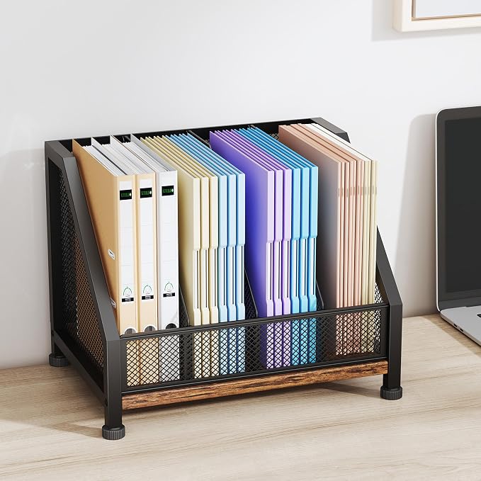 SWTYMIKI Desk Organizer - Paper Organizer, Mesh and Wood Desk Office Organizer, Office Organization and Binder Storage for Workspace, Home, School, Espresso