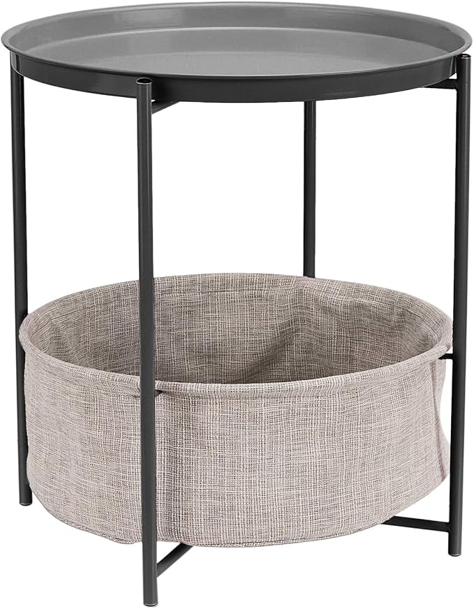 Amazon Basics Round Storage End Table, Nightstand for Bedroom or Living Room, Easy Assembly, with Cloth Basket, Charcoal/Heather Gray, 17.7 x 17.7 x 18.9 in | Side Table