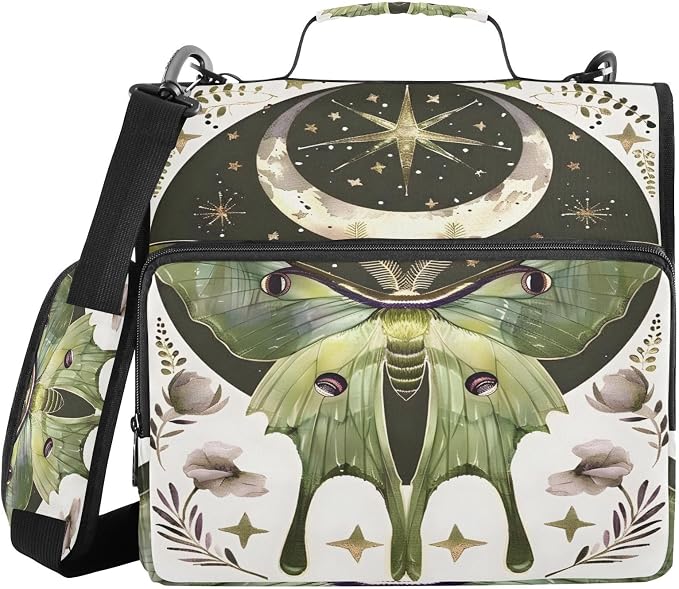 Moth Moon Art Butterfly 3 Ring Binder Bag 1.5 inch Binder Organizer with Zipper Shoulder Strap 500 Sheet Documents Storage for School Office
