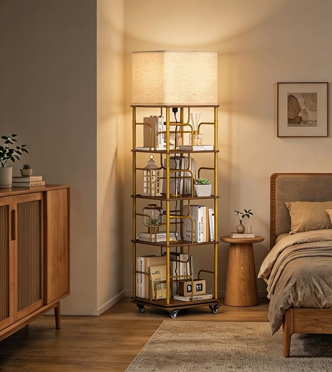 4 Tier Rotating Bookshelf Tower, 360° Spinning Book Shelf with Lights&Wheels,Square Revolving Bookcase Organizer,Narrow Swivel Bookshelves Turning Corner Bookshelf for Small Space,Gold