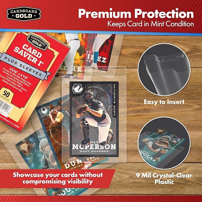 Cardboard Gold Card Saver 1 w/Sleeves - Semi Rigid Holders - 50 Count | PSA BGS SGC Grading Submissions, Acid-Free Polypropylene Protectors, Includes Bonus Sleeves, Binder Storage Compatible