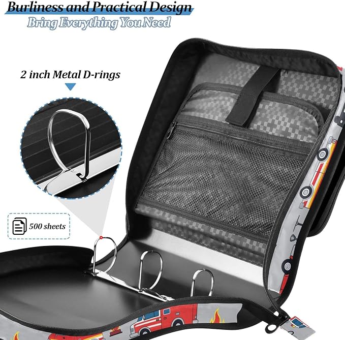 Fire Engine Car Truck 3 Ring Binder Bag 1.5 inch Binder Organizer with Zipper Shoulder Strap 500 Sheet Documents Storage for School Office