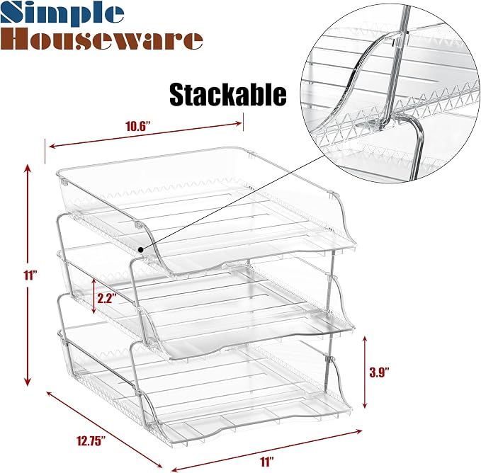 Simple Houseware 3-Tier Stackable Paper Tray for Desk Organizer, Clear | Desktop File Holder for A4/Letter Size Documents, File Sorter, Paper Holder, Office File & Accessories Storage