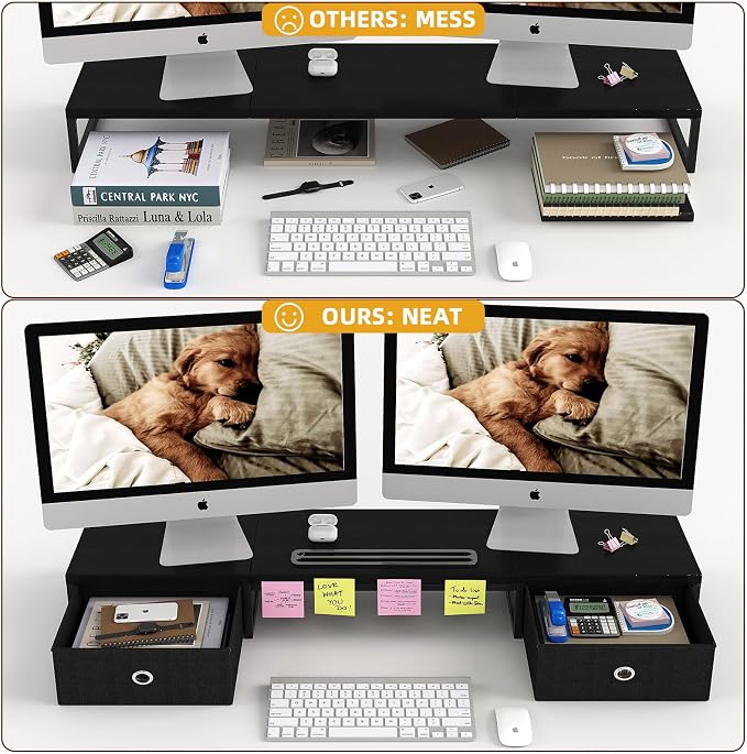 39 Inch Dual Monitor Stand Riser with 2 Drawers - Large Black Wooden Computer Stand for 2 Monitors, Ergonomic Desk Organizer with Phone Holder, Desktop Storage for Laptop, Office Supplies, Home Office