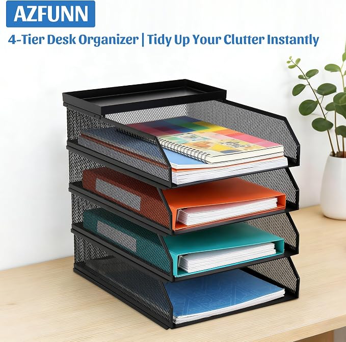 4 Tier Paper Tray Organizer for Desk, Stackable Office Organization | Metal Mesh Desk Trays, File Storage, Paper Sorter Organizer for Letter/A4 Office File Folder Holder, Black
