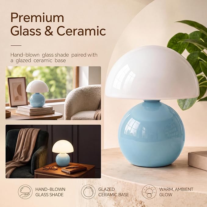 Mushroom Lamp Table Lamp for Bedroom-Small Desk Table Lamps,Blue | 8.7" Mid Century Modern Table Lamps for Living Room Bedroom Decor,Cute Ceramic Lamps for Mushroom Home Room Decor,Glass Shade