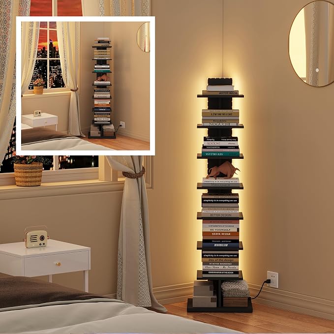 TUTOTAK Book Shelf, Narrow Spine Bookshelf, 8-Tier Bookcase with LED Lights | 10.4 x 13.4 x 47.5 Inches Vertical Freestanding Corner Shelf for Living Room, Office, Small Space, Black BS06BK008L