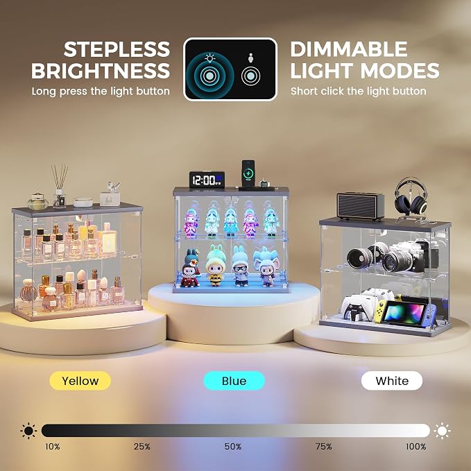 Dystler Glass Display Case with LED Lights, Small 2-Tier for Figures | Lighted Display Cabinet with Motion Sensor, Clear Tempered Glass Door, USB-C Charging Hub for Collectibles, Rocks, Tabletop