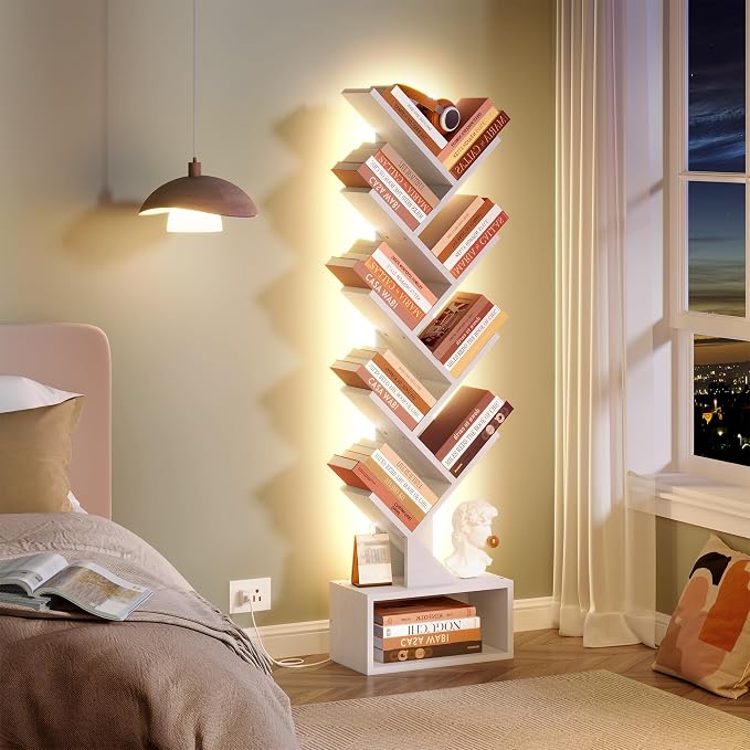 Hoctieon 9 Tier Tree Bookshelf, Tall Bookcase, Freestanding Book Shelf with LED Lights, Display Floor Standing Storage Shelf, Book Organizer Shelves for Home Office, Living Room, White