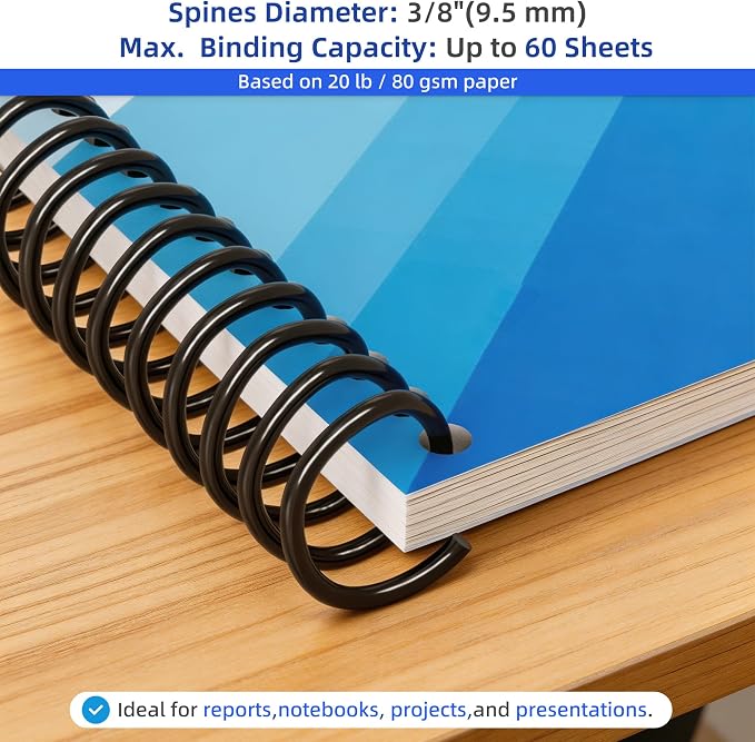 Rayson 3/8" Plastic Spiral Binding Coil, 60 Sheets Capacity, 4:1 Pitch 9.5mm Black Coil Binding Spines for Business and Educational Purposes, Pack of 100