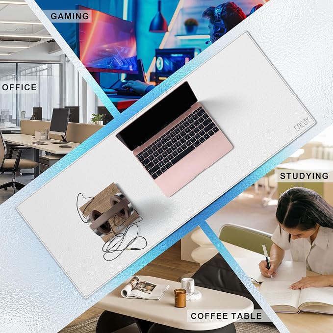 Cacoy 40" x 16" Oversized PU Leather Desk Mat, Extended Gaming Mouse Pad Writing Mat, Leather Desk Pad Blotters Protector for Office, Home, Computer, Laptop - White