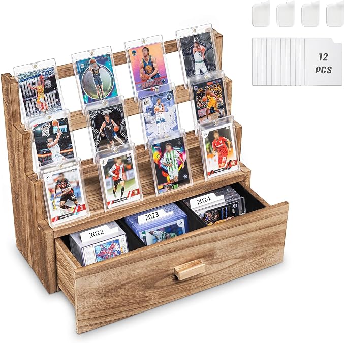 Emfogo Trading Card Display, 3-Tier Card Display Case with Custom Drawer, Wood Graded Card Display with Supporters and Dividers, Sports Card Display Case (Brown)