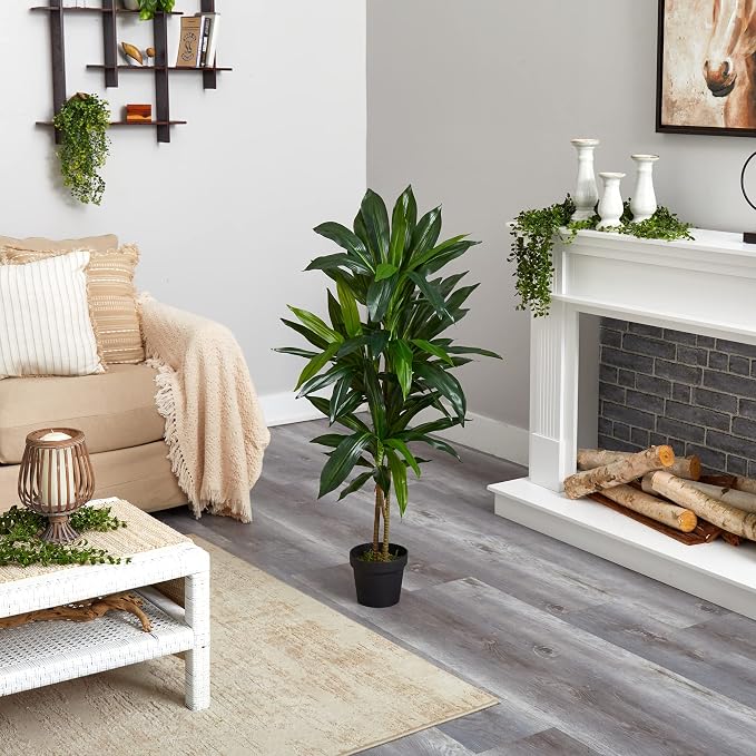 Nearly Natural 48 in Artificial Dracaena Real Touch Plant with Pot | Multi-Tonal Trunks, Large Indoor Silk Plant, Maintenance-Free, Living Room and Home Office Decor