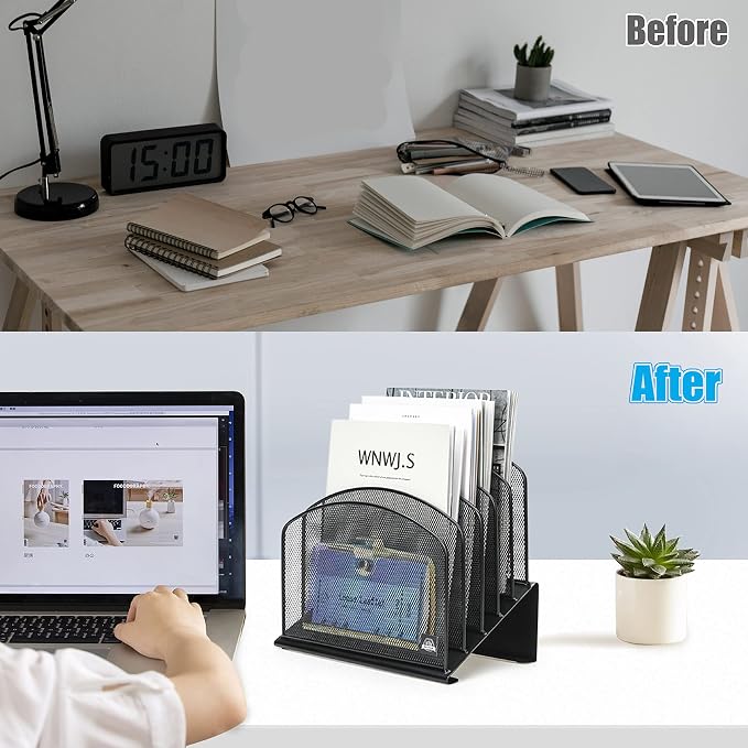 Delifox Inclined Desk File Organizer,Vertical File Folder Holder Stand Metal Rack File Sorter for Office Classroom Desktop Organization (1, Black, 5)