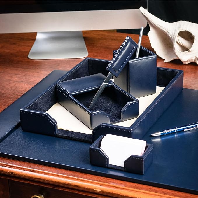 Dacasso Bonded Set Luxury Leather Desk Pad & Desk Organization Essentials, 7 Piece, Navy Blue