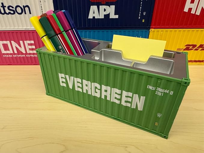 Desk Organizer, Pen Pencil Holder, Business Name Cards Holder, Shipping Container Model Storage Box, Secret Storage Box with Multiple Compartments Office Supplies Multi-function (EVERGREEN)