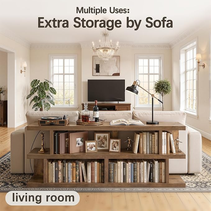 TIQLAB 63 Inch Bookshelf, Open Bookcase with Storage Shelves, Rustic Brown | horizontal book shelf low book case, for bedroom office study room, display rack shelving unit, console table behind couch