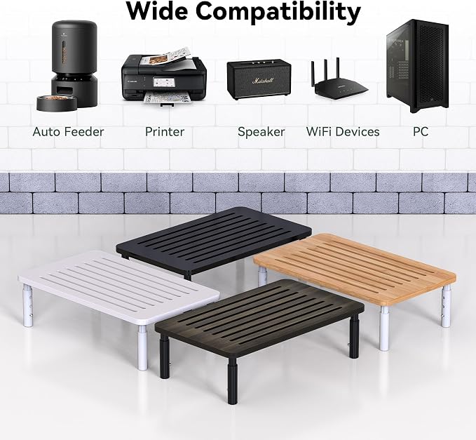 Bamboo Monitor Stand Riser, 4 Adjustable Height,Easy Assembly | Laptop Stand with Airflow Vents, Desk Organizer for Computer, PC, Printer