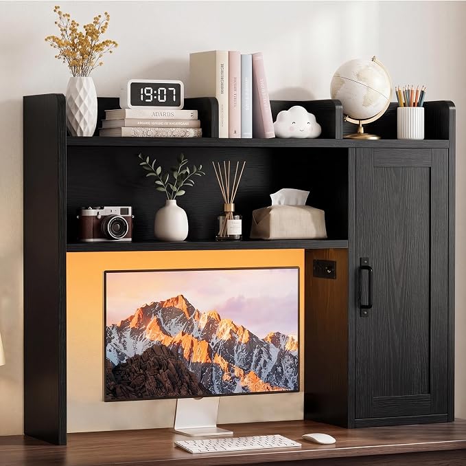 Desktop Storage Shelf, 37.4" Computer Desk Organizer 3-Tier Wood | Desktop Storage Shelf Desk Hutch Dorm with RGB LED Light & Power Outlets for PC Gamers, Office, College Dorm Must Haves-Black