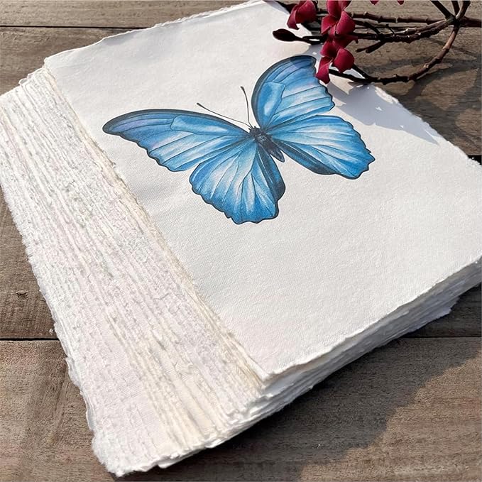 Wanderings Handmade A6 Cream Mixed Media Paper with Deckle Edge - 4x6-150 GSM -Colored Cold Press Textured Paper Made with Recycled Cotton for Crafts Card Making Sketching Watercolor - 50 Sheets