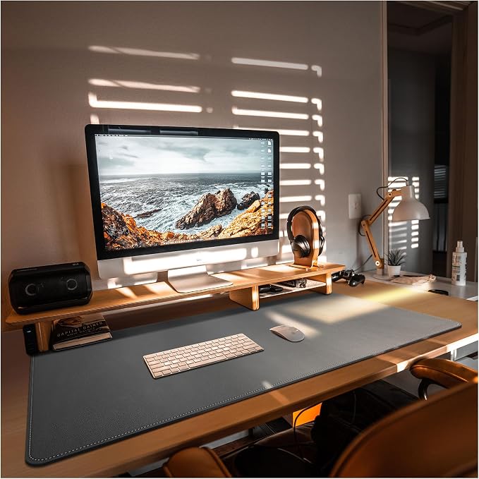 CENNBIE Leather Desk Mat,39.3x19.6 Desk Pad Blotter Protector (Grey) | Premium stitched edges resist wear. Easy to clean. Protects desk from spills, stains ,scratches. Smooth glide. Office & home.