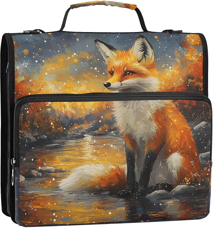 3 Ring Zipper Binder with Shoulder Strap Funny Magic Fox 2 Inch Zippered Binder Bag 500 Sheet Capacity Multi Pockets for School Supplies