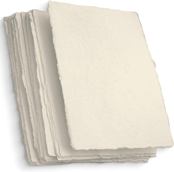 Wanderings Handmade A5 Cream Mixed Media Paper with Deckle Edge - 5.8x8.3-150 GSM - Cold Press Textured Paper Made with Recycled Cotton for Invitations, Crafts, Writers, Watercolor - 50 Sheets