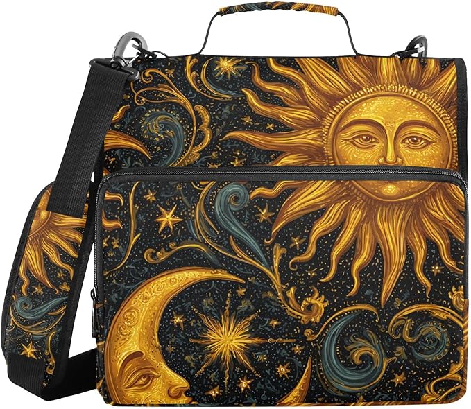 3 Ring Zipper Binder with Shoulder Strap Sun Moon Stars Astrology 1.5 inch Binders Keeper Large Capacity Multi Pockets for School Office Supplies