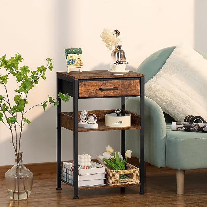 Lerliuo End Table with Fabric Drawer,3 Tier Industrial Wood Side Table with Storage,Modern Tall Printer Stand,Vintage Brown Nightstand,Rustic Bedside Tables for Living Room Bedroom Small Spaces | Three-tier printer stand with fabric drawer and two shel...