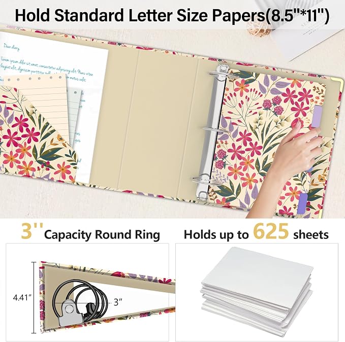 3 Ring Binder 3 Inch, Cute Round Ring Binder with 6 Tab Dividers & Label Stickers, Low Profile Clipboard with Storage, Fashion Binder for School Office Supplies (Pink Floral)