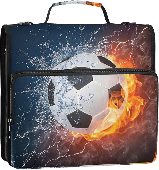 Water Fire Soccer Zipper Binder Bag 3 Ring Binder with Shoulder Strap Zip Up 500 Sheets Capacity Multi Pockets for School Office Supplies