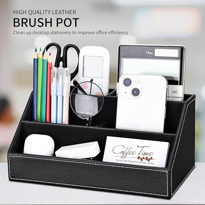 5PCS Desk Organizer and Accessories Set, Pu Leather Office Supplies with Multifunction Desktop Organizer Storage Box, Tissue Holder, Mouse Pad, Note Paper Holder, Pencil Holder for Desk Black