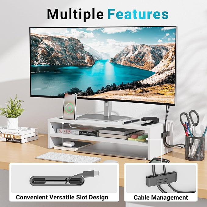 BONTEC Wood Monitor Stand Riser, 2-Tier Desktop Organizer | Ergonomic Computer Stand for Desk, Cable Management, Cellphone Holder, 21.3 Inch Shelf, White