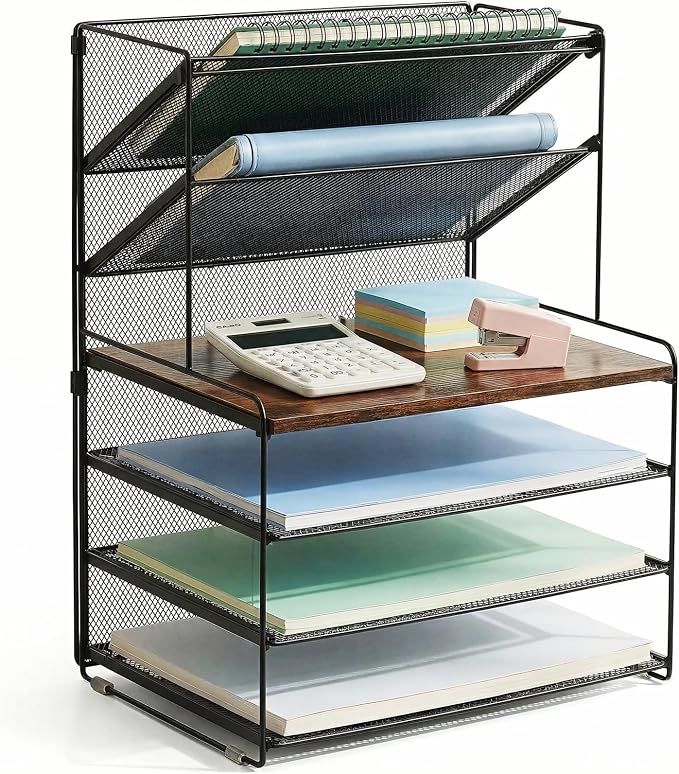 Desk Organizer, 6-Tier Paper Organizer Letter Tray, Brown Wood | Desk Organizers and Accessories, Office Desk Accessories & Workspace Organizers, Desktop File Organizer for Office Supplies