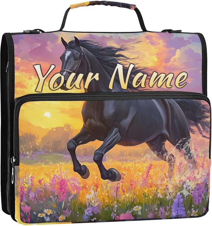 Custom 3 Ring Zipper Binder Black Horse Flower Oil Personalized Name 2 Inch Zippered Binder Bag Multi Pockets for School Supplies