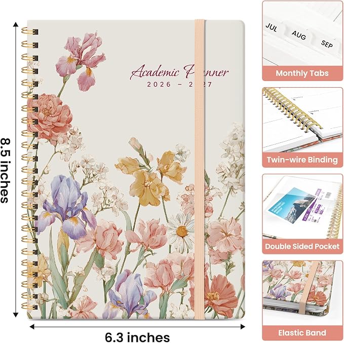 Taja Planner 2026-2027, Jul 2026-Jun 2027 Monthly & Weekly Calendar Planner | 6.3" x 8.5", Hardcover Academic Calendar, Teacher Student Agenda Book with Tabs, School Office Supplies, Bloom Planner