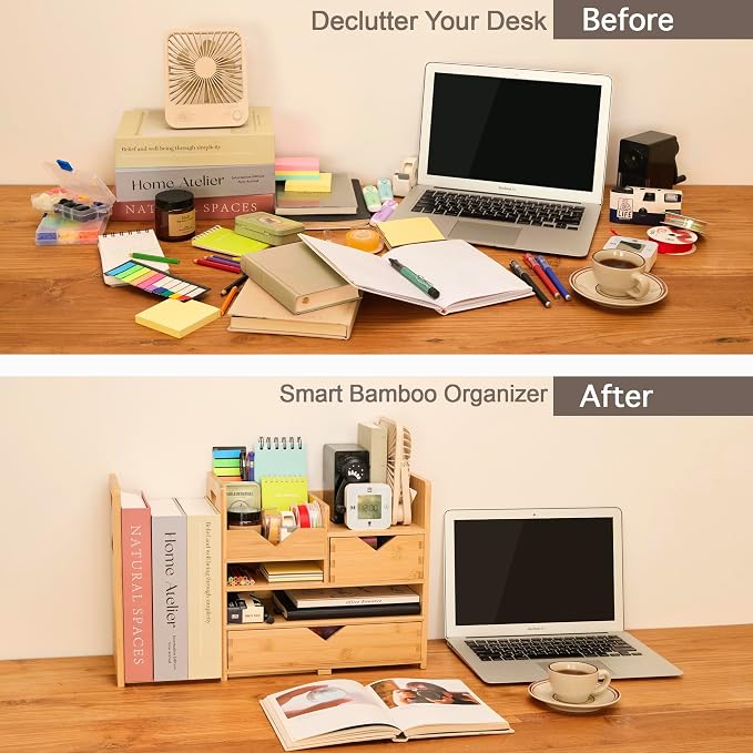 Pandorama Bamboo Desk Organizer Medium - Drawers & Adjustable File Holder, Fully Assembled Wood Desktop Storage for Kitchen, Bedroom, Bathroom, Study Room