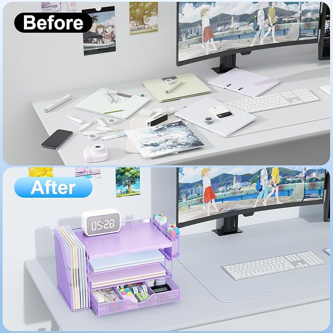 gianotter Wood Desk Organizers and Accessories with File Holder, 4-Tier Desk Accessories & Workspace Organizers with Drawer and 2 Pen Holder, Desk Reference Organizer (Purple, 4T with Metal Drawer)