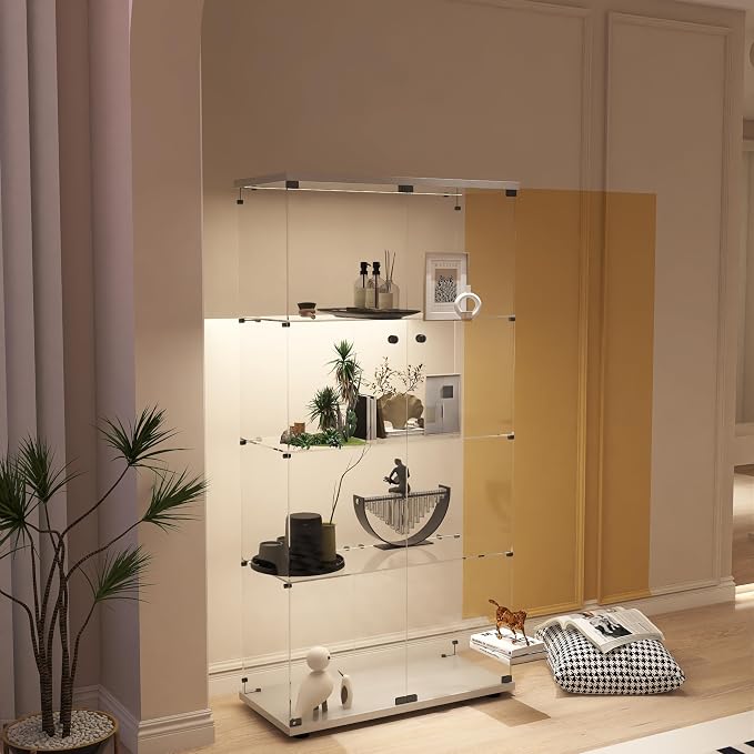 Display Cabinet with Glass Doors, 4-Tier Curio Cabinet with LED Lights for Collectibles (2700K-6000K), Glass Display Case with Remote Control