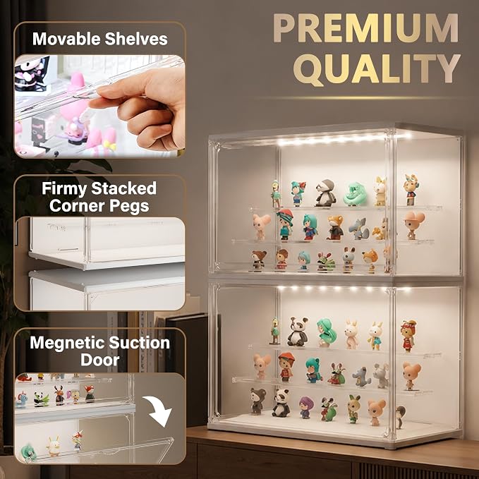 Clear Display Case for Collectibles, 3-Tier Adjustable Figure Display Case with LED Light, Stackable Acrylic Showcase with Magnetic Door for Model Figures, Jewelry & Collectibles (White)
