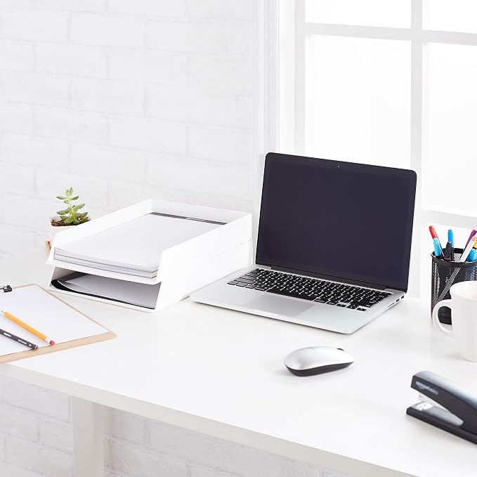 Amazon Basics Rectangular Plastic Desk Organizer, Letter Size Tray for Documents, 13 x 9.7 x 2.2 inches, White, 12-Pack