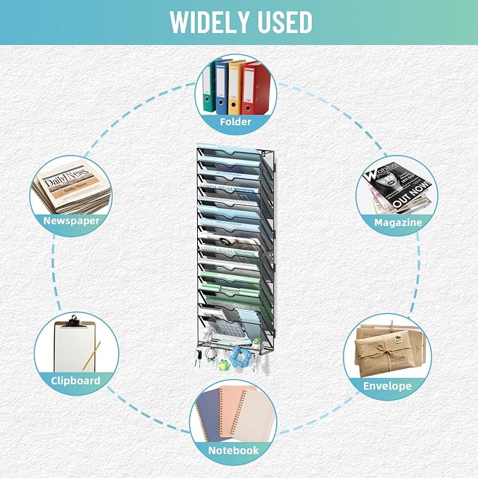 15-Tier Wall File Organizer with 5 Hooks, Wall Mounted Mail Organizer | File Holder Organizer, Metal Mesh Office Wall Organizer for Home, School & Classroom