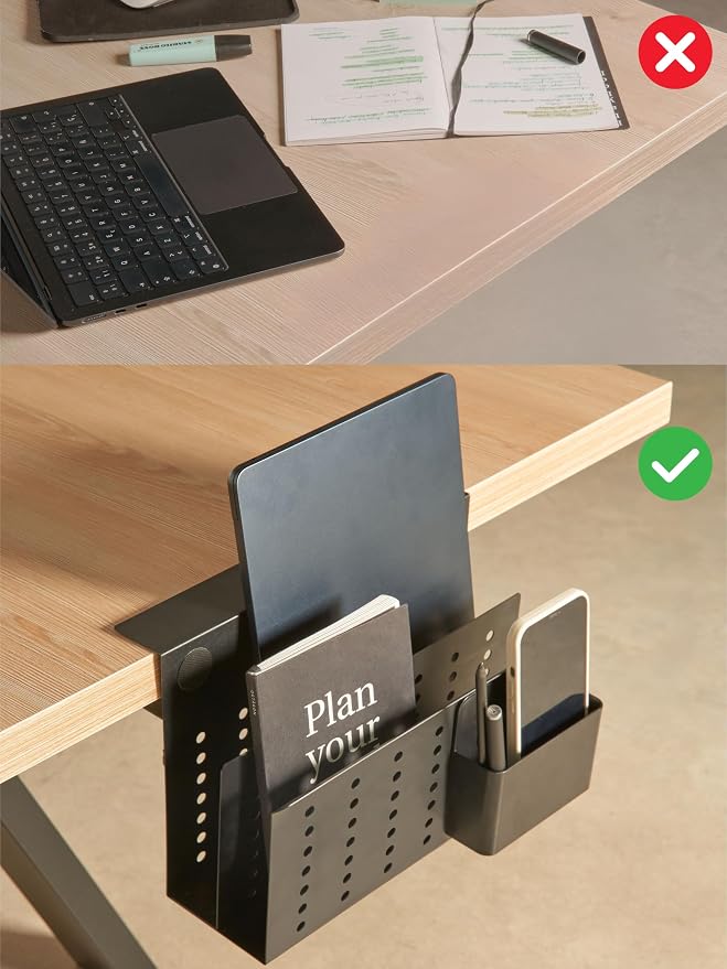 GAROOD Laptop Side Storage Vertical Stand Under Desk top Storage Clamp On Desktop Shelf Hanging Desk Organizer Computer Mount Side Table Organizer Caddy Book Caddy - Two Tier Black